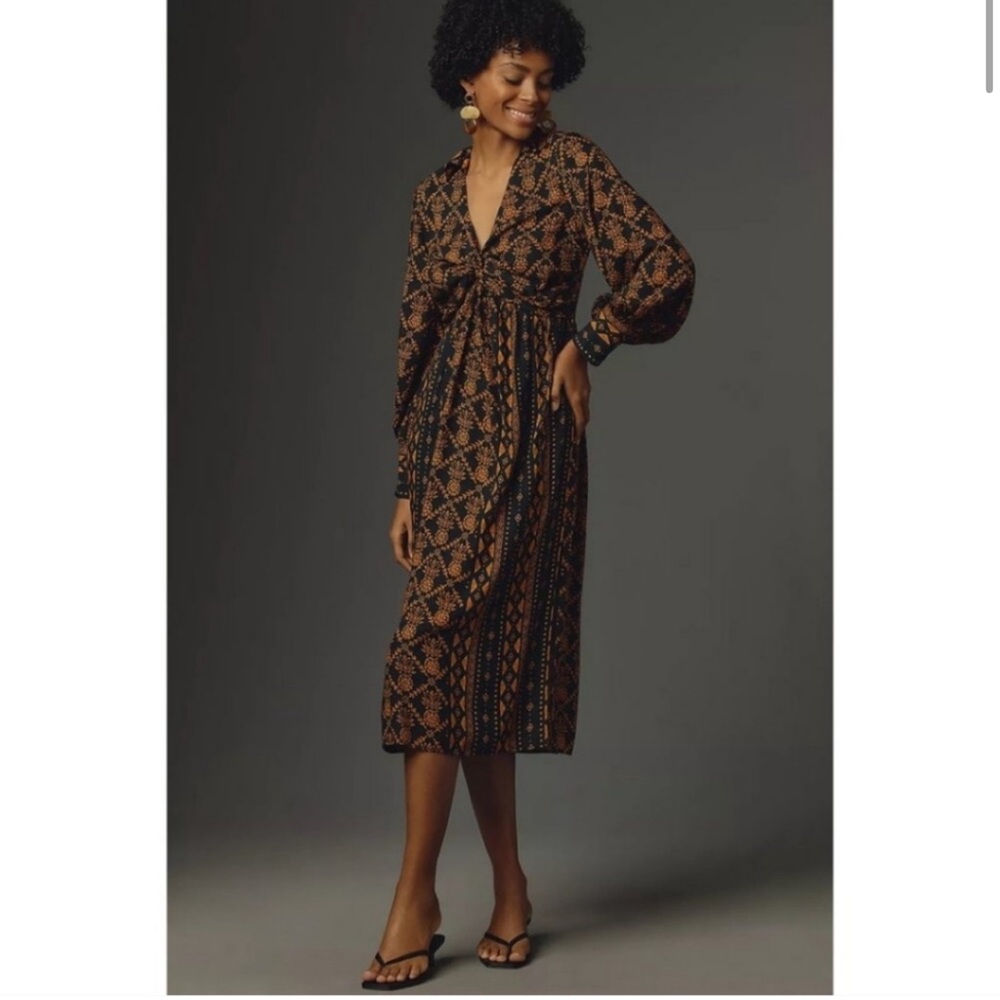 NWT Farm Rio Long-Sleeve V-Neck Printed Tie-Front Midi Dress SIZE XXS